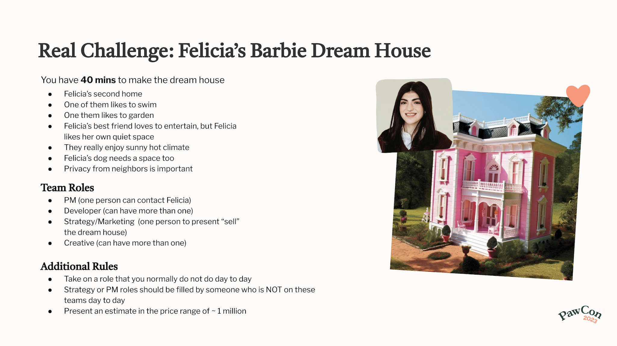 Screenshot of the requirement slide for the Barbie Dream House challenge